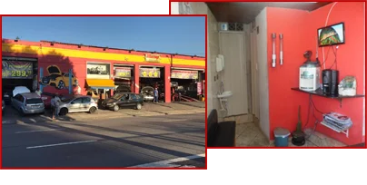 Fachada da Matrix Auto Center na Av. Inajar de Souza e a recepção da oficina